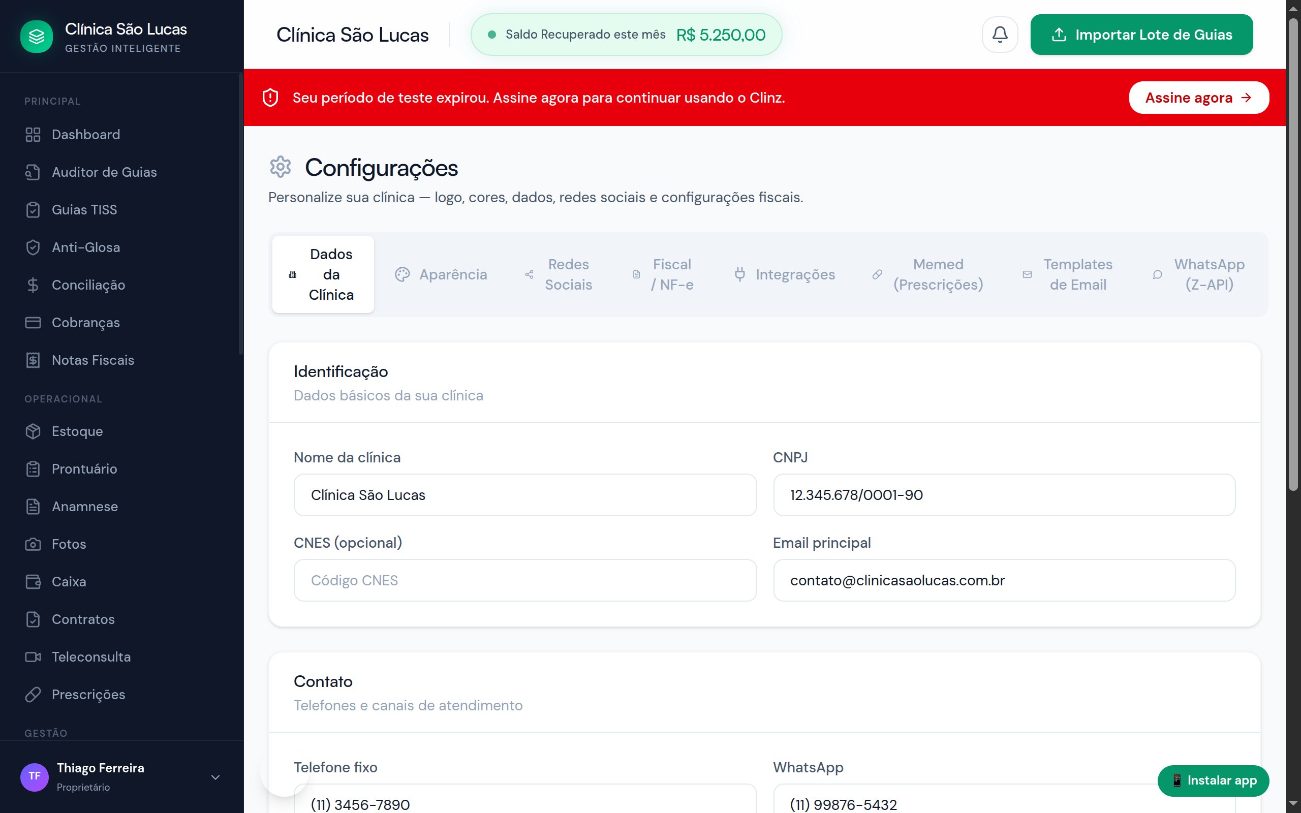 Configurações do Clinz