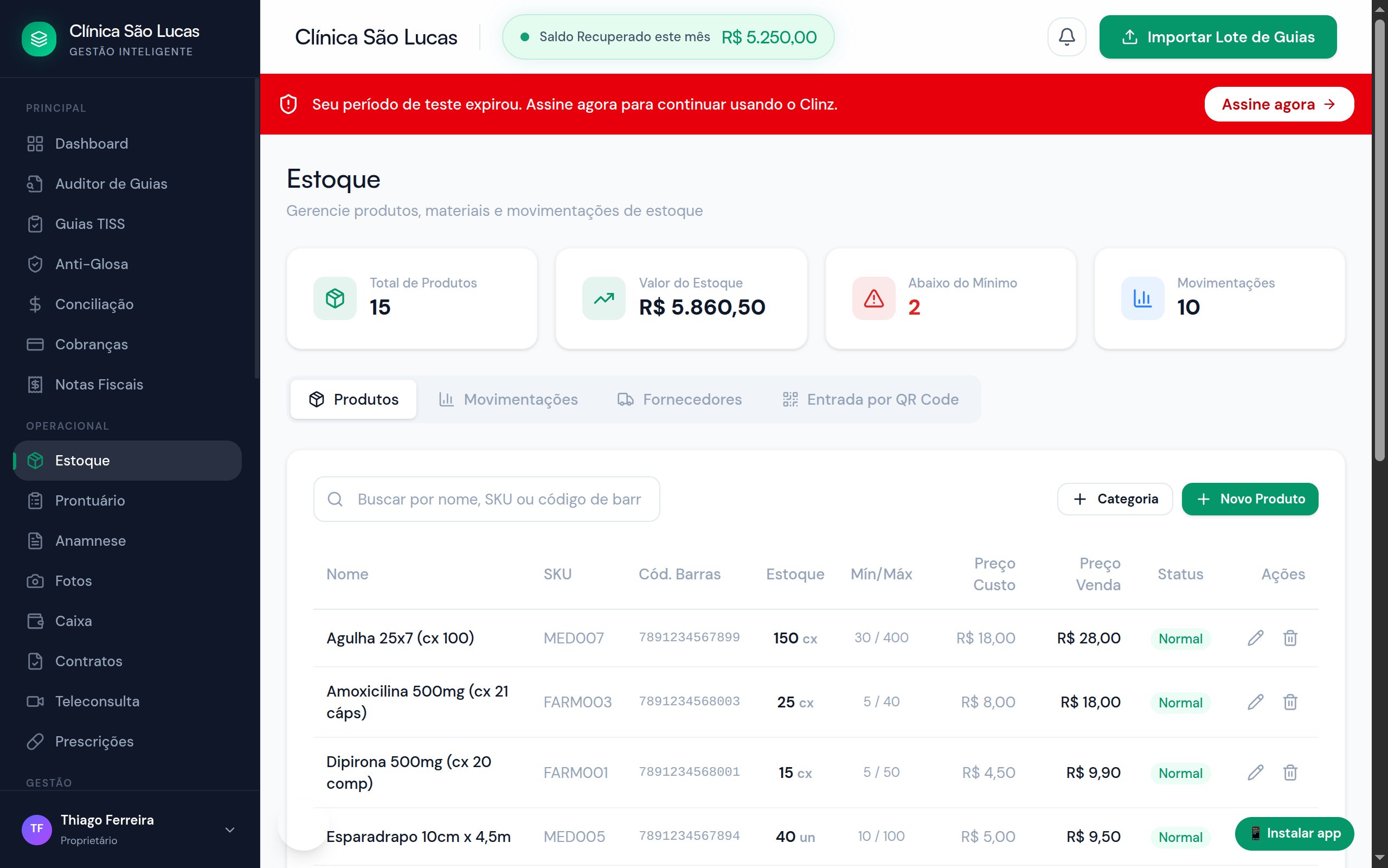 Controle de estoque do Clinz