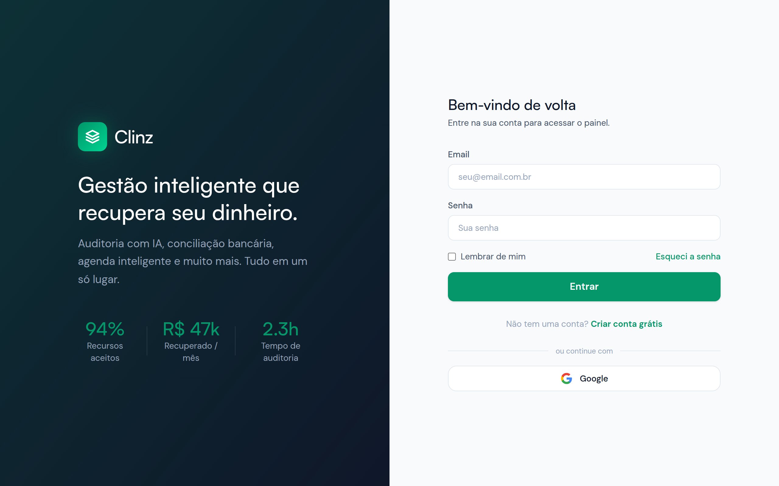 Tela de login do Clinz