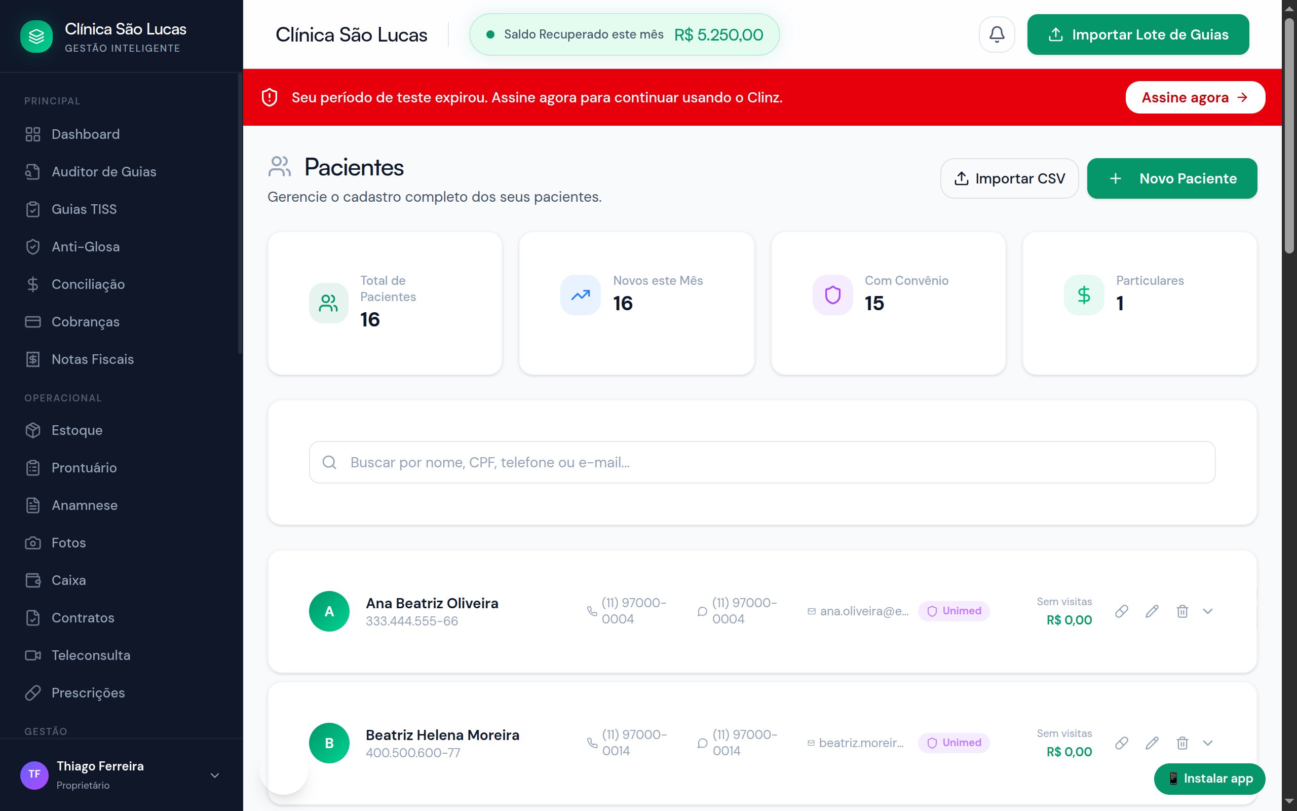 Lista de pacientes do Clinz